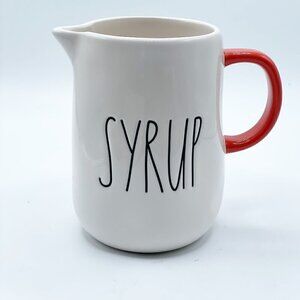 Rae Dunn Syrup Graphic Pitcher Artisan Collection Pink Handle White Ceramic 16oz